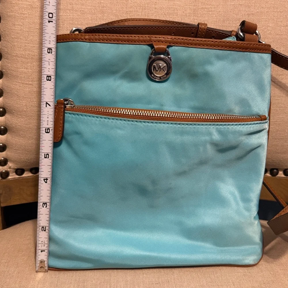 Michael Kors “Kempton” Aquamarine Nylon Crossbody Bag with Leather Trim